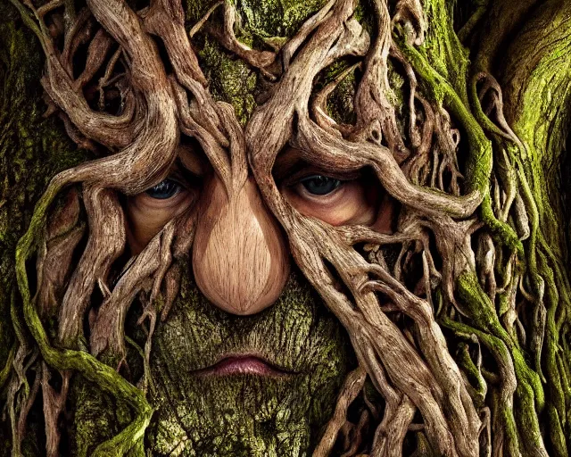 Image similar to a talking oak tree, a face in the bark, nose made of wood, eyes in the bark, fantasy concept art, leaves and moss, digital painting, oil painting, hyperrealistic, beautiful, treebeard, ent, highly detailed, soft lighting, golden sunlight, very detailed eyes, artstation, cgsociety, in the forest, by alan lee, by artgerm