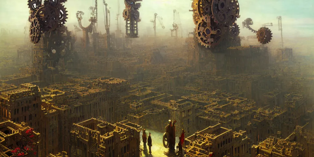 Image similar to giant interlocked gears cogs clockwork, giant mechanisms, industry, villages castles, buildings vista artstation illustration sharp focus sunlit vista painted by ruan jia raymond swanland lawrence alma tadema zdzislaw beksinski norman rockwell tom lovell alex malveda greg staples