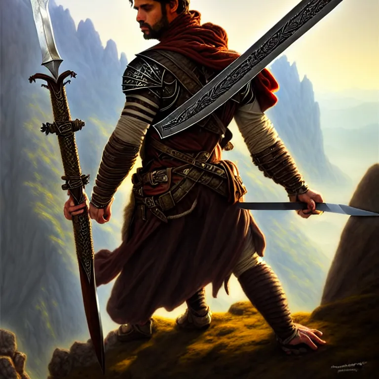 Image similar to middle d & d ranger with rugged expressions falcon pet on his shoulder holding a high detailed long sword, top a cliff observing old ruins of a castle, elegant clothing, photorealistic render, matte painting, highly detailed, artstation, smooth, sharp focus, art by michael whelan, artgerm, greg rutkowski, scrathed image