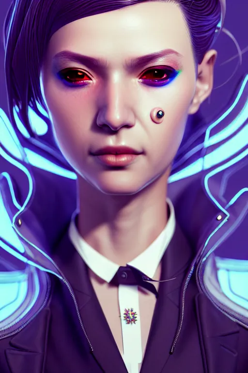 Image similar to hyperdetailed very close portrait of a european thirty years old woman in an elegant suit with a pin in a cyberpunk city inspired by ross tran and wlop and masamune shirow and kuvshinov, concept art, intricate, photorealistic, octane render, rtx, hdr, unreal engine, dnd digital art by artgerm fine face