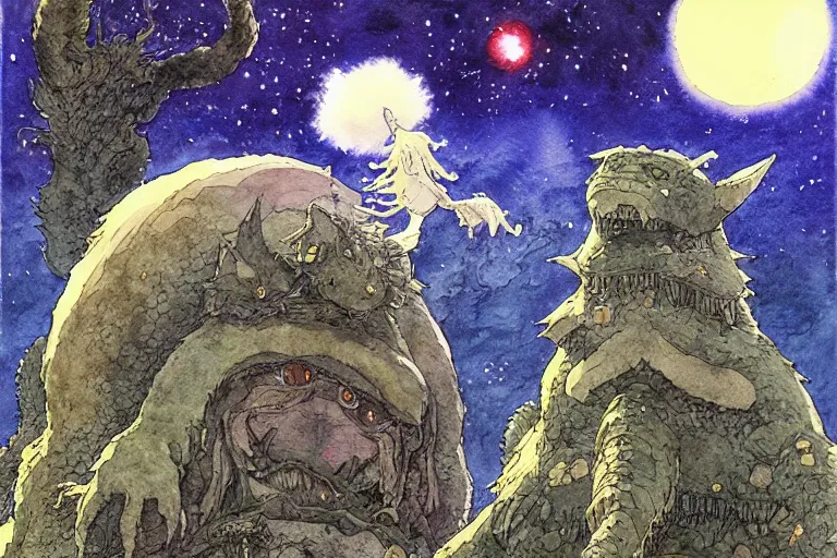 Image similar to hyperrealist studio ghibli watercolor fantasy concept art of a kaiju using stonehenge as a chair. it is a misty starry night. by rebecca guay, michael kaluta, charles vess