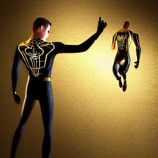 Image similar to gold spider - man suit with black web lining, cinematic, volumetric lighting, realistic, hyperdetailed, photorealistic, photograph