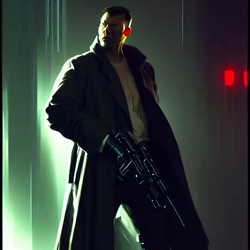 Prompt: imposing and relaxed cyberpunk gangster with dramatic volumetric god rays by john singer sargent, syd mead, craig mullins, finnian macmanus, sung choi, ruan jia. cinematic keyframe concept art on artstation