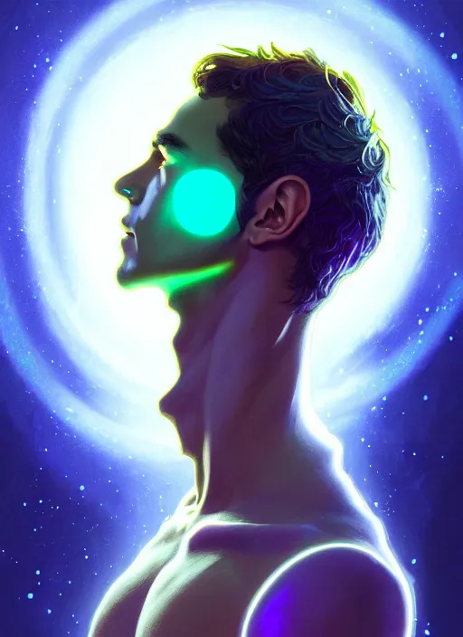 Prompt: a male faceless glowing liquefied stardust adventurer, dnd fantasy character, full body portrait, glowing neon skin, magical aura, ultra realistic, intricate, elegant, highly detailed, digital painting, artstation, smooth, sharp, focus, illustration, art by artgerm and greg rutkowski and alphonse mucha