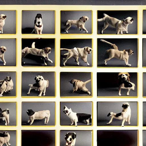 Prompt: a modern color film strip reel of a dog jumping up and down with 9 frames