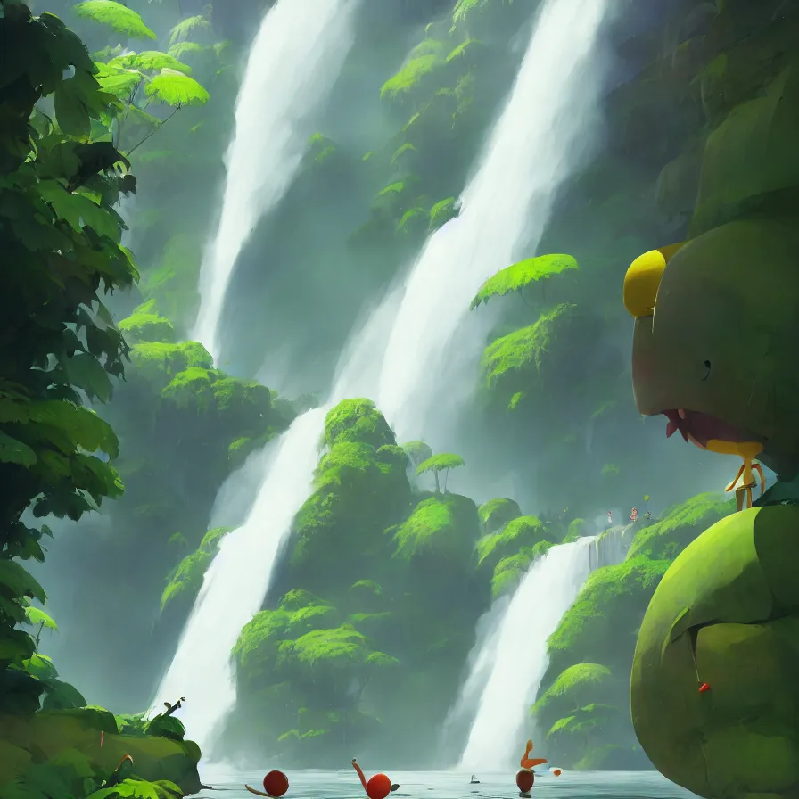 Prompt: Goro Fujita illustrating Front view of a gigantic waterfall surrounded by the Amazon, concept art, sharp focus, ArtStation