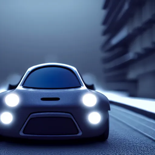 Image similar to a cute little robot of front of a car. super realistic 8 k render of a dark hooded powerful elegant, cinematic composition