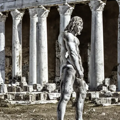 Image similar to portrait of Achilles, standing in ruins, fallen columns, highly detailed face, photo realistic, facial features, tom chambers photography