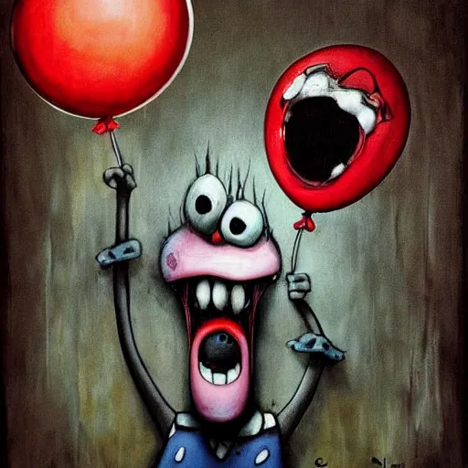 Prompt: grunge painting of spongebob with a wide smile and a red balloon by chris leib, loony toons style, pennywise style, corpse bride style, horror theme, detailed, elegant, intricate, Atmospheric phenomenon, conceptual, volumetric light