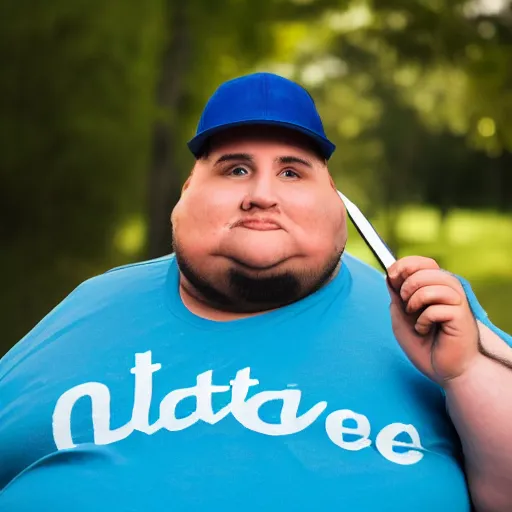 Prompt: very obese man with a t-shirt and blue cap with the letter P, holding a pencil