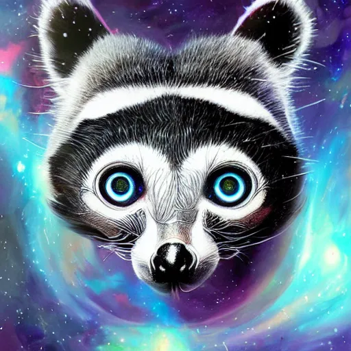 Image similar to geometric symmetrical lemur with galaxy eyes in space, nebula in the background, intricate, elegant, highly detailed, digital painting, artstation, concept art, smooth, sharp focus, illustration, art by artgerm