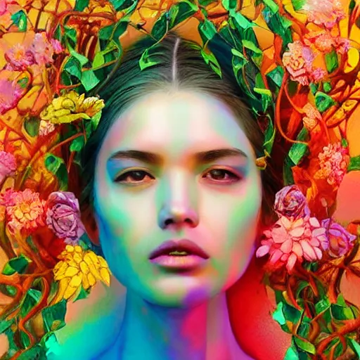 Image similar to colourful vfx art - portrait of arab woman wrapped in flowers & vines, art by hsiao - ron cheng & james jean - presented as magazine collage, volumetric light, colourful, sharp, detailed, digital painting, illustration, illustration, highly detailed, intricate detail, unreal engine, octae render, pinterest, behance, art station,