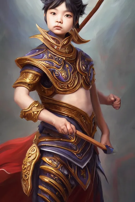 Image similar to a masterpiece portrait of nezha, handsome kid wear holding spear, fantasy character portrait, hyper detailed, digital painting, 8 k realistic, trending on artstation, sharp focus, dof, by ne zha ( 2 0 1 9 ), fenghua zhong, artgerm, ne zha from smite, tsuyoshi nagano, top lighting