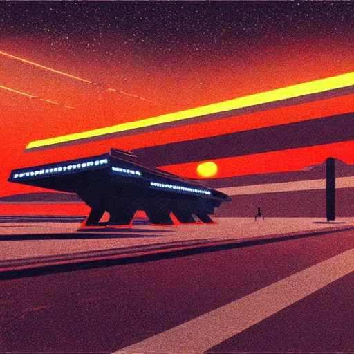 Prompt: star destroyer, brick buildings urban street neon futuristic cyberpunk vaporwave tron glow sunset clouds sky illustration by syd mead concept art