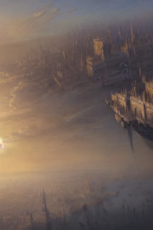 Prompt: a beautiful hyper realistic detailed matte painting of a city floating in the air, flying castle might, vivid color hues, looks like creativity by john howe, greg rutkowski, gustave dore, ferdinand knab, aerial view above a desolate apocalyptic plain, barometric projection, rectilinear, octane render, ellen jewett, beautiful surreal palatial pulsar at dawn