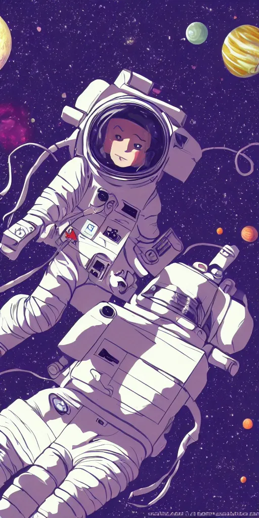 Prompt: female astronaut floating through space, liminal, lonely, highly detailed, trending on art station, anime wallpaper