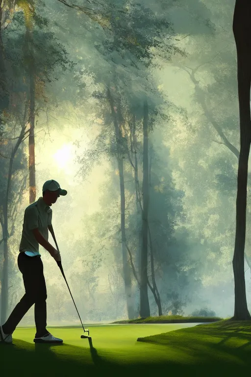 Prompt: athletic golf player, green lush golf course, low angle, burning forest, smoke fire, sunlight shining through the branches of trees, digital painting, cinematic, 4k, particles light, by Noah Bradley, by ilya kuvshinov