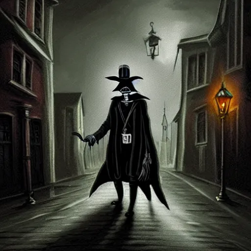 Image similar to a plague doctor walks through a Victorian city, dark atmosphere, detailed, dark Colors