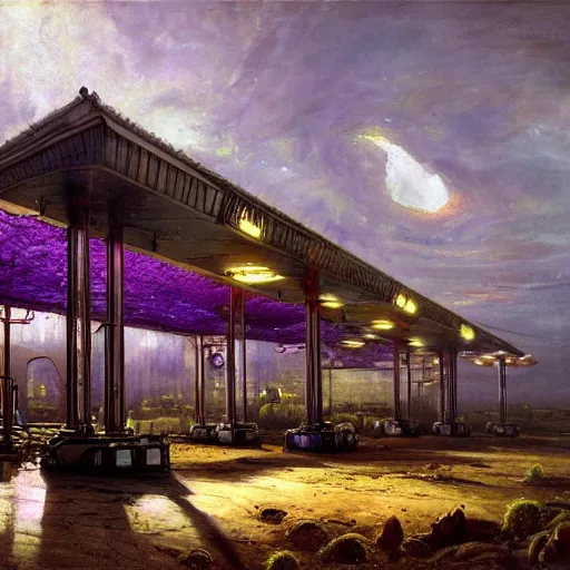 Image similar to painting of hr giger artlilery scifi organic shaped gas station with ornate metal work lands on a farm, fossil ornaments, volumetric lights, purple sun, andreas achenbach