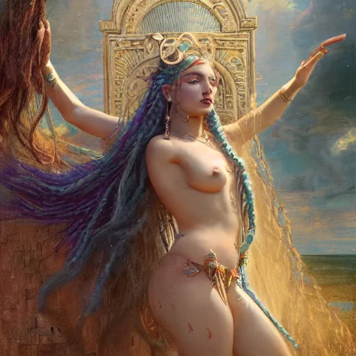 Image similar to birth of sumerian goddess inanna ishtar, ashteroth, techno mystic goddess princess intergalactica, with aqua neon rapunzel dreadlocks, mami wata, detailed, by gaston bussiere, bayard wu, greg rutkowski, giger, maxim verehin, greg rutkowski, masterpiece, sharp focus,