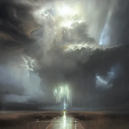 Image similar to a thunderstorm in heaven, ominous, eerie, heavenly, craig mullins