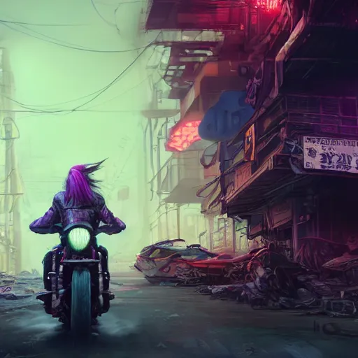 Prompt: portrait painting of a street samurai with long purple hair riding a motorcycle through a burning cyberpunk slum, glitchwave, ultra realistic, concept art, intricate details, eerie, highly detailed, photorealistic, octane render, 8 k, unreal engine. art by nivanh chanthara