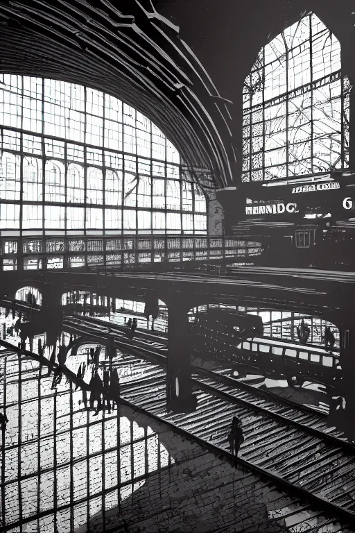 Image similar to a beautiful linocut print on paper of gare du nord interior, london, 8 k, frostbite 3 engine, cryengine, dof, trending on artstation, digital art, crepuscular ray, by gail brodholt