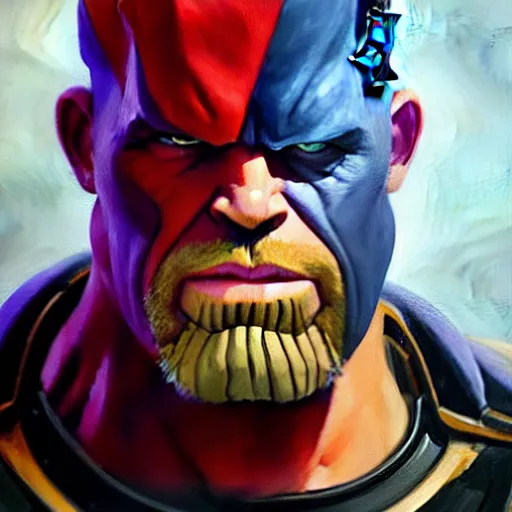 Image similar to greg manchess portrait painting of ryan reynolds as thanos!!! evil, sad! with a ginger cat as overwatch character, medium shot, asymmetrical, profile picture, organic painting, sunny day, matte painting, bold shapes, hard edges, street art, trending on artstation, by huang guangjian and gil elvgren and sachin teng