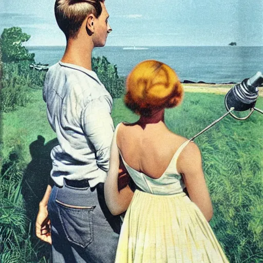 Image similar to “stunning, highly detailed portrait, very detailed, couple, from behind, from side, holding tin can, color vintage magazine illustration 1950”