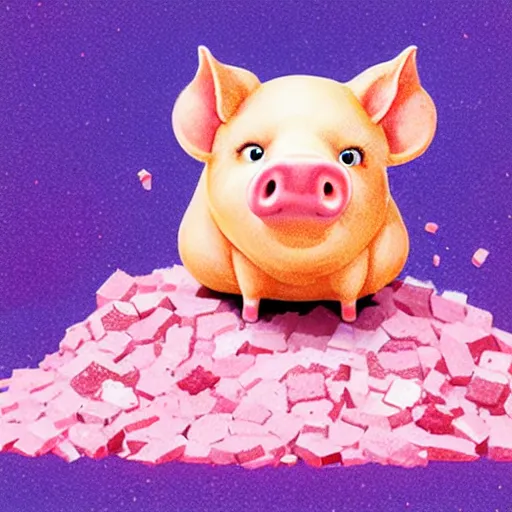 Image similar to comic art of a cute far pig sitting on pile of pink salt, drawn by Alan Moore, vivid color, cgsociety 4K