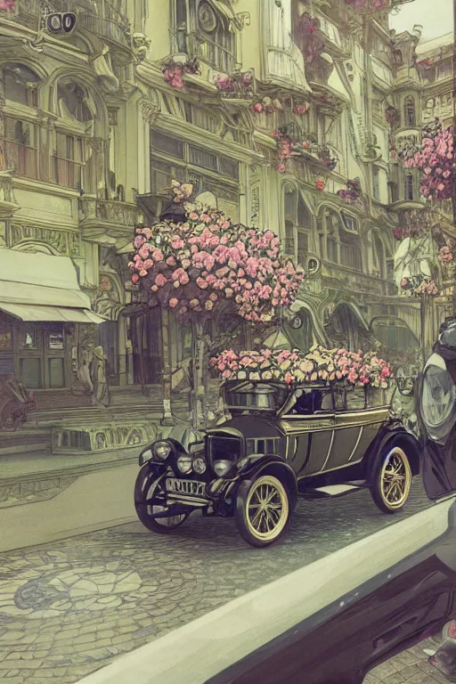 Image similar to ultra realistic illustration, old vintage car in the city with flowers blooming out the window, elegant, highly detailed, digital painting, concept art, smooth, sharp focus, illustration, art by alphonse mucha