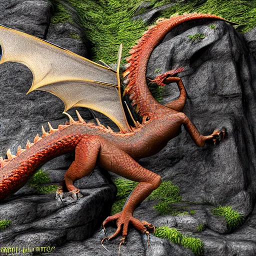 Image similar to dragon at the entrance to a mountain cave, sharp, realistic render