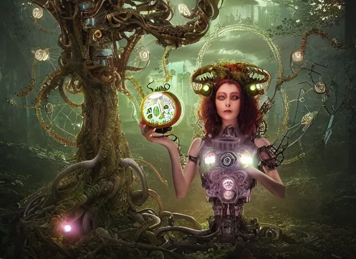 Prompt: intricate mechanical fairy with visible gears having tea with a cyborg gorgon medusa in a magical forest. Very detailed 8k. Fantasy cyberpunk horror. Sharp. Cinematic post-processing