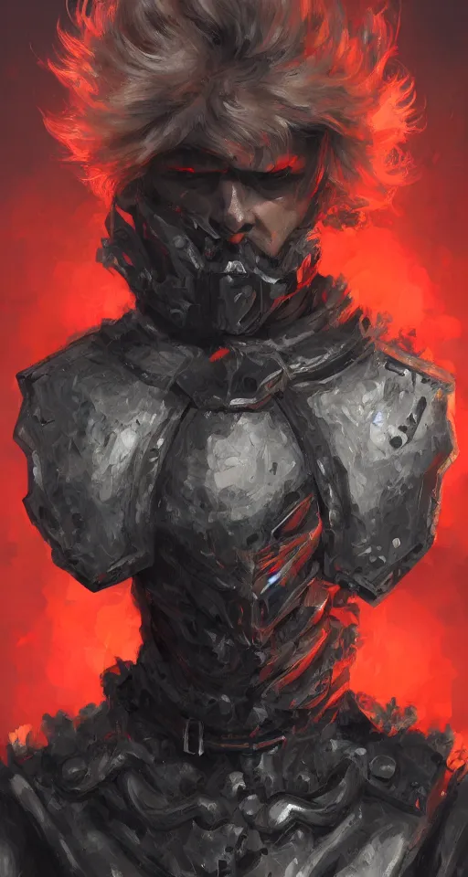 Image similar to oil painting of a pale menacing male soldier with fluffy blond curls of hair and piercing eyes, center parted bangs, high tech suppression dog collar, jagged black imperial armor, sinister resonant red glow white fractals creeping darkness, by WLOP, Artstation, CGsociety