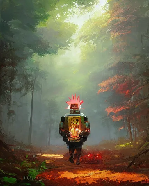 Prompt: giant chicken robot walking in a forest, colorful detailed digital painting, concept art, Darek Zabrocki