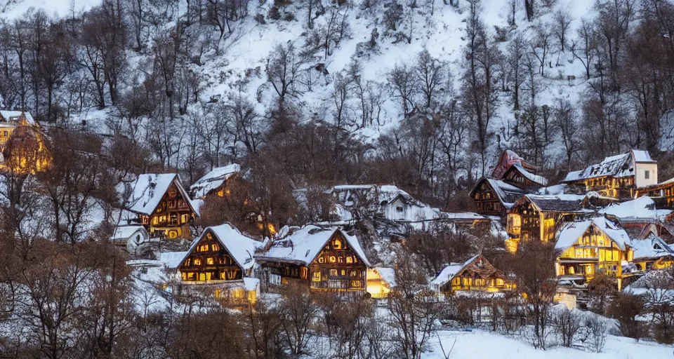 Image similar to an eerie abandoned village in the black forest decorated with christmas lights