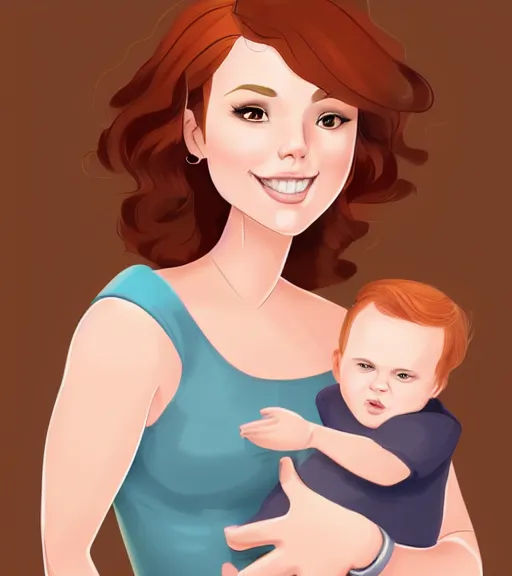 Image similar to a mother with short shoulder length auburn hair, short and curvy and a slightly chubby face holding her infant son with short brown hair full color digital illustration in the style of don bluth, artgerm, artstation trending, 4 k