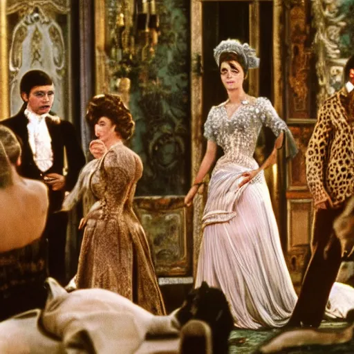 Image similar to ballroom scene from the leopard by luchino visconti with alain delon and claudia cardinale and a gorilla set in the 1 9 th century in an italian villa. technicolor!!!!, highly intricate, 5 0 mm