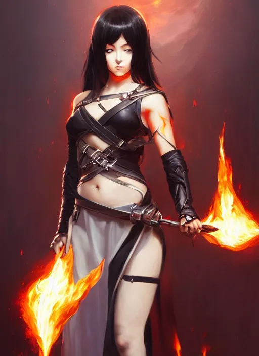 Image similar to Portrait of Anime girl with black hair, she is carrying a burning sword with two hands, wearing metal armor around her chest and waist, realistic, detailed, 4k by Greg Rutkowski Mark Arian trending on artstation