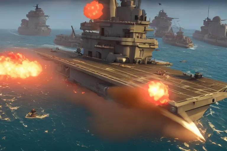 Prompt: Gameplay screenshot of an aircraft carrier!!! in Sea of Thieves!!! with jets bombing!!! a galleon, Unreal Engine