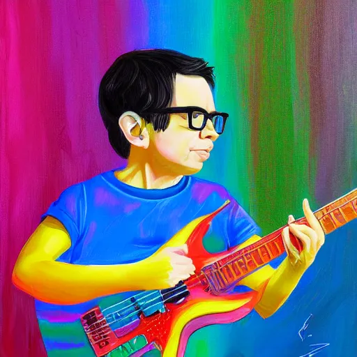 Image similar to a painting of rivers cuomo playing his green electric guitar in a rainbow background by lilia alvarado