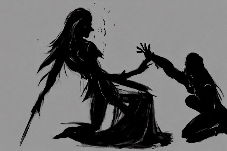 Image similar to the silhouette of the dark sorceress as she bestows her magic upon her disciple, which is kneeling in front of her, concept art, trending on artstatio HD