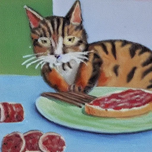 Prompt: impressionist painting of a cat eating a slice of salami