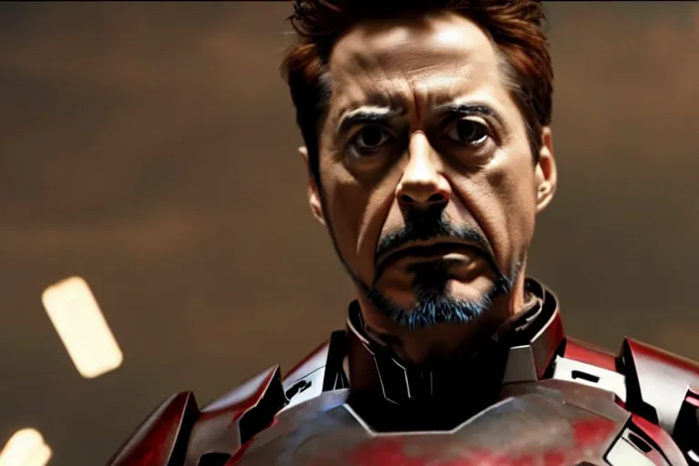 Image similar to film still of zombie Tony Stark in Ironman armor with no headpiece in new avengers movie, 4k