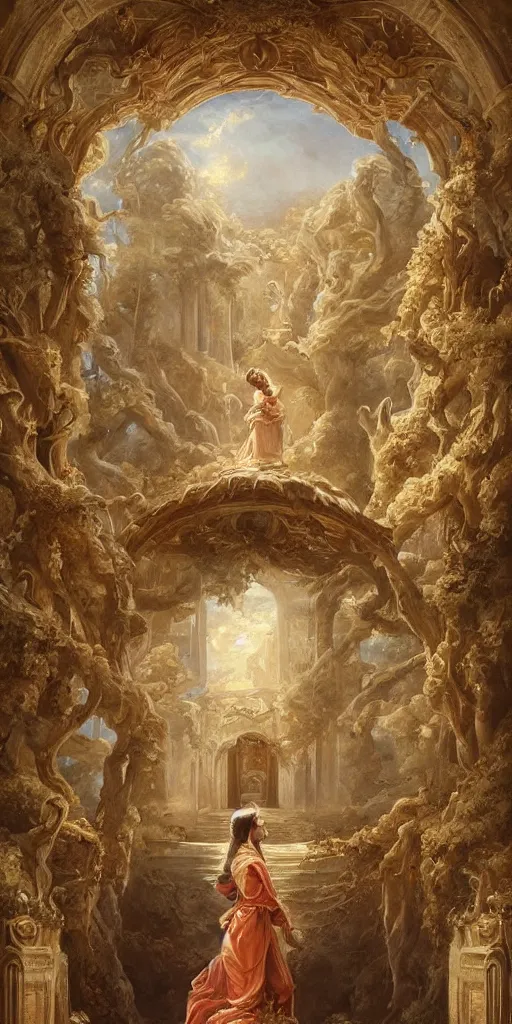 Image similar to a stunning and noble highly detailed romantic period style painting of the place where gods come into being by josep tapiro baro!!!! trending on artstation, oil painting masterpiece!!, symmetry, rule of thirds, mysterious