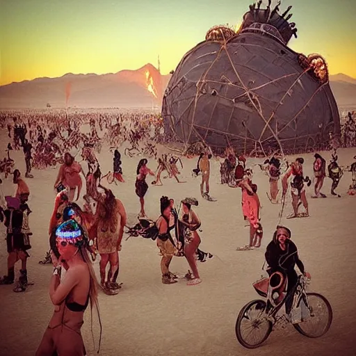 Image similar to “renaissance painting of people at burning man black rock city with steampunk costumes and loud music”