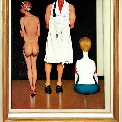 Prompt: a thin man understands by the way his wife is standing that she has issues, painted by norman rockwell and tom lovell and frank schoonover