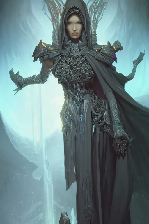 Image similar to beautiful necromancer, full body shot, hood, d & d, fantasy, intricate, elegant, highly detailed, digital painting, artstation, concept art, matte, sharp focus, illustration, hearthstone, art by artgerm and greg rutkowski and alphonse mucha, made with charcoal