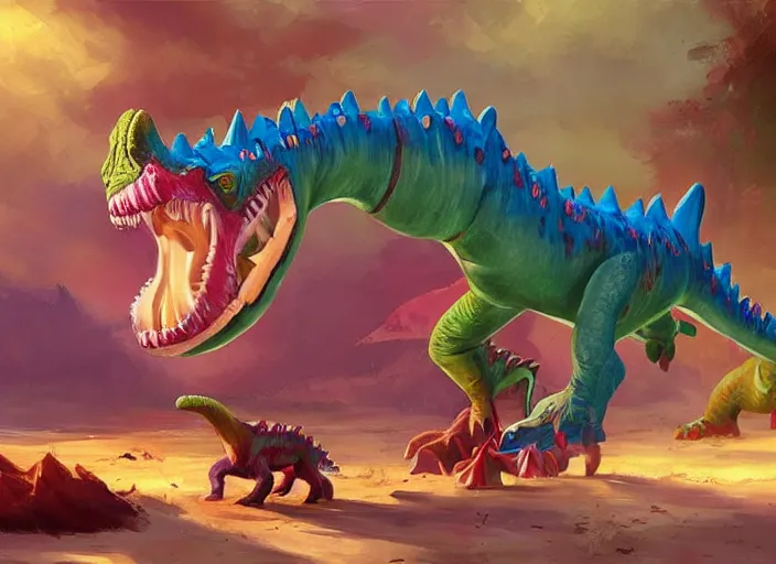 Image similar to concept art of candy dinosaurs, oil painting by Jama Jurabaev, extremely detailed, brush hard, artstation, for AAA game, high quality