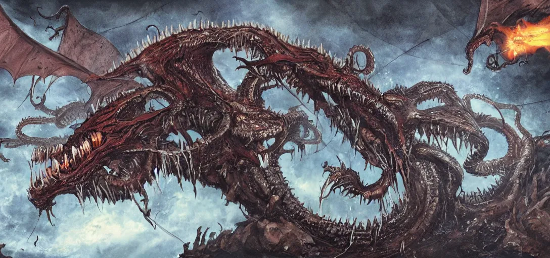 Image similar to concept art of dragon attack, lovecraftian, lots of teeth, melting horror, feathers, fighting the horrors of the unknown with laser guns